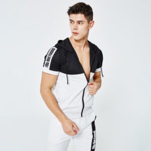 Men fashion slim fit polyester tracksuit white and black - Image 4