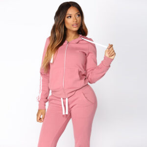 High Quality Women Fleece Tracksuit Zipper Hoodie and Long Pant - Image 2