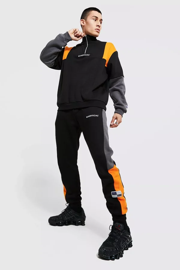 Custom Made Black Colour Block Half-Zip Tracksuit for Men