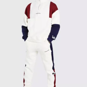 Custom Made White Colour Block Half-Zip Tracksuit for Men