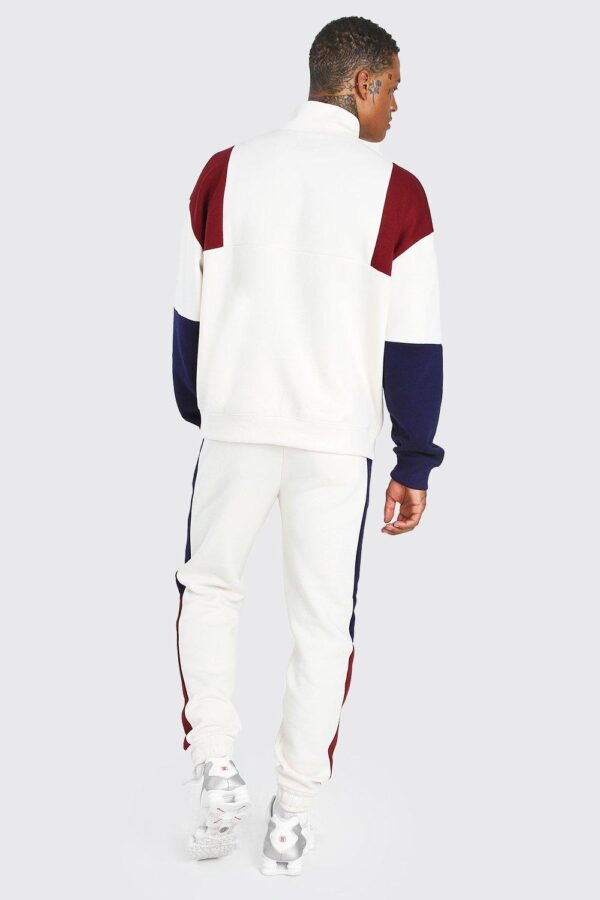 Custom Made White Colour Block Half-Zip Tracksuit for Men