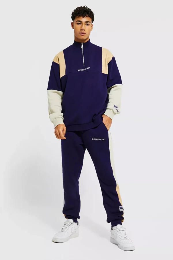 Personalized Colour Block Half-Zip Tracksuit for Men