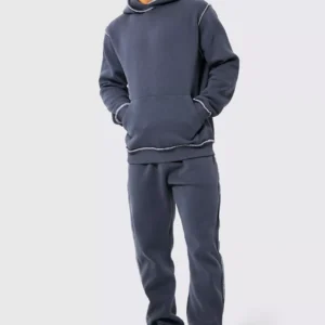 Custom Contrast Overlock Hooded Kangaroo Pocket Tracksuit for Men