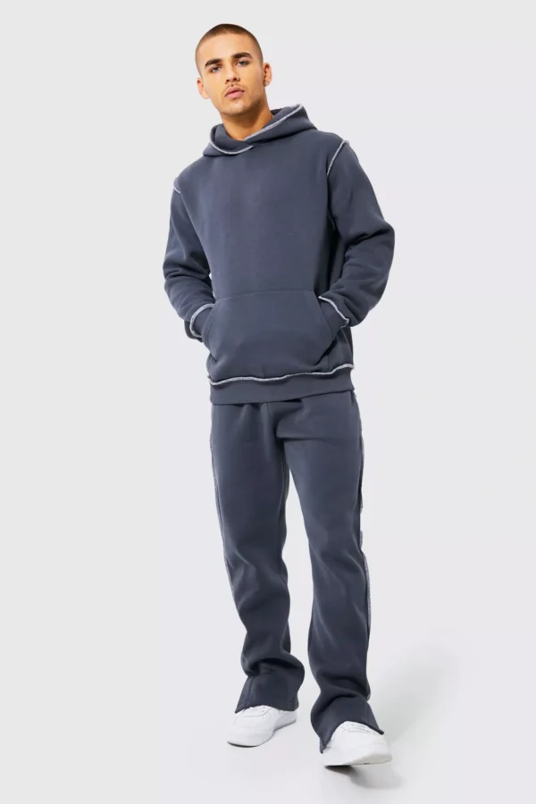 Custom Contrast Overlock Hooded Kangaroo Pocket Tracksuit for Men