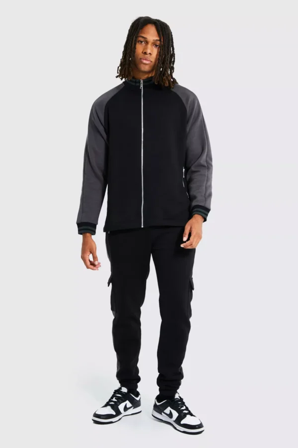 Custom Colour Block Cargo Funnel Neck Tracksuit for Men