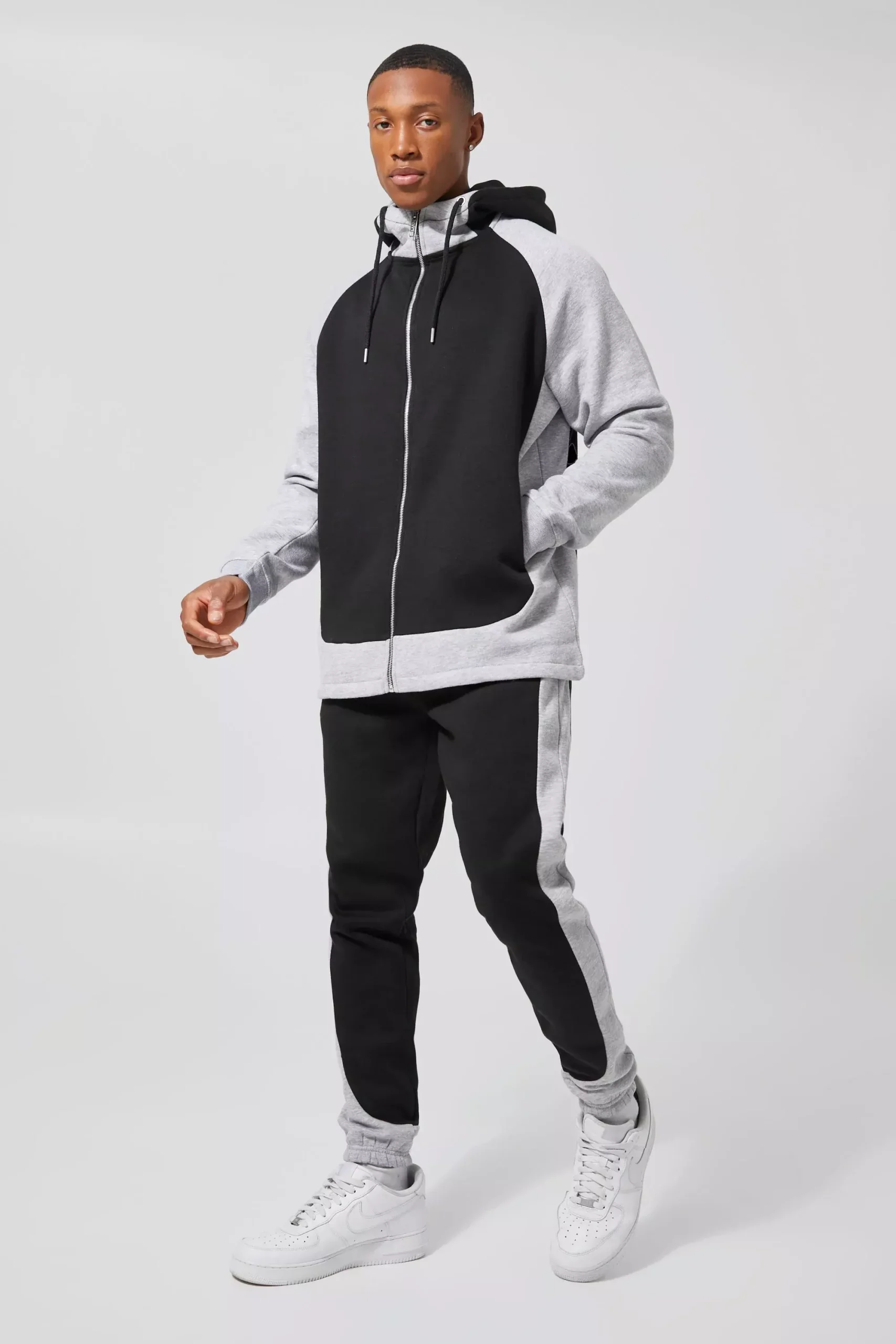 Custom Made Black & Grey Colour Block Hooded Tracksuit for Men