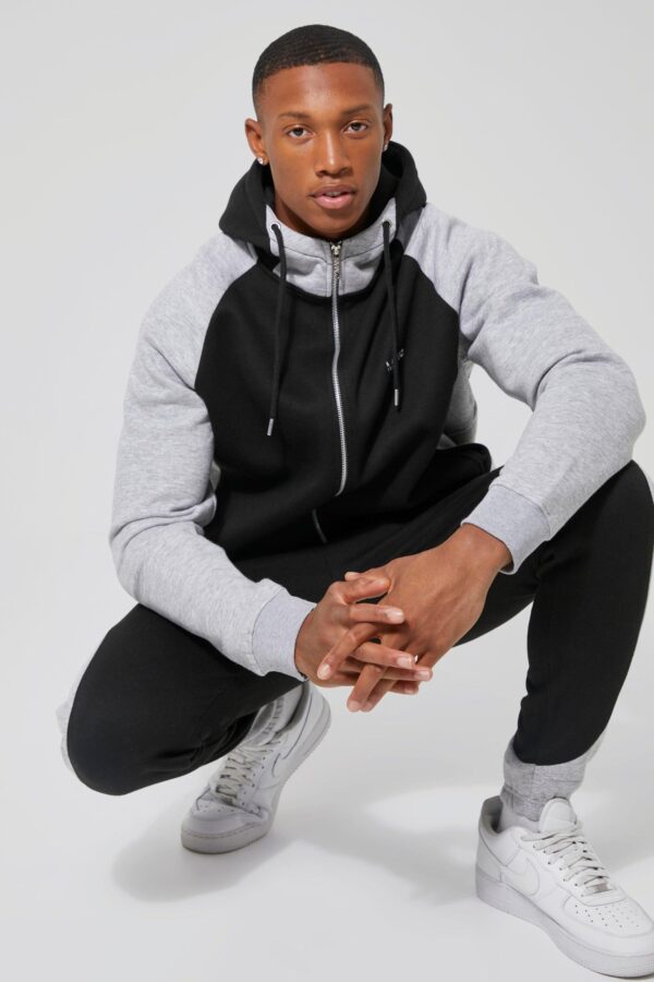 Custom Made Black & Grey Colour Block Hooded Tracksuit for Men