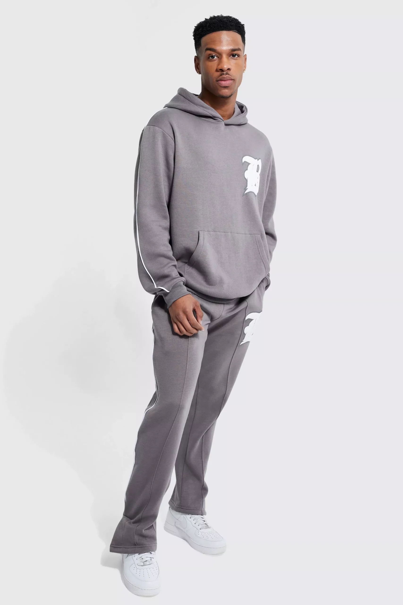 Grey Oversize Piping Hooded Tracksuit