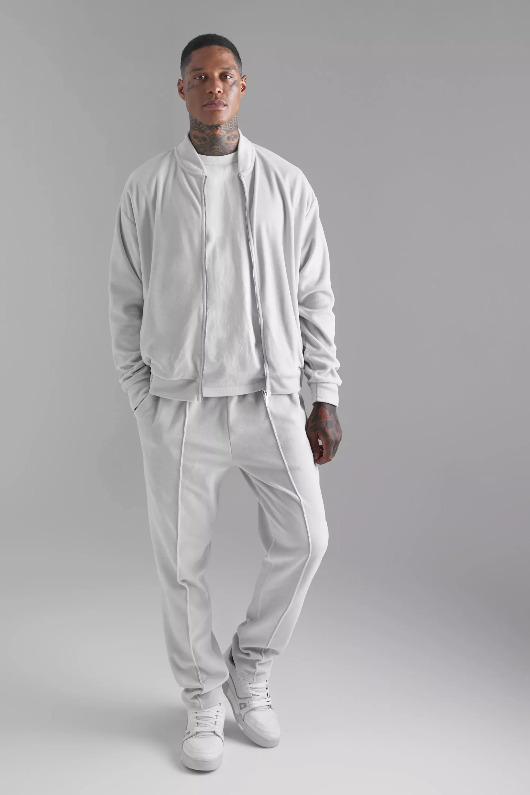 Premium Quality Custom White Bomber Velour Tracksuits Zipper Jacket & Pants
