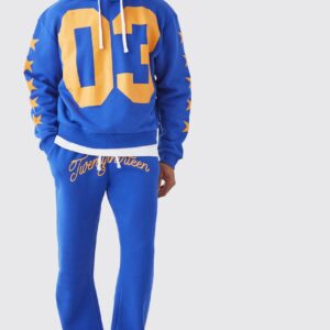 Oversized Varsity Printed Pullover Blue Hoodie - Image 3
